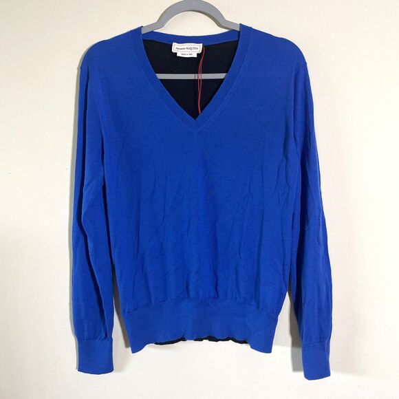 Alexander McQueen Sweaters - Alexander McQueen Women's Blue Black V-Neck Cashmere Sweater Size XL Made Italy